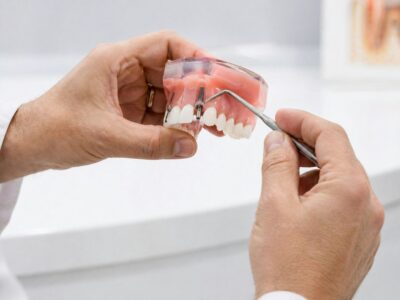 Dental probe pointing to implant posts on a dental model